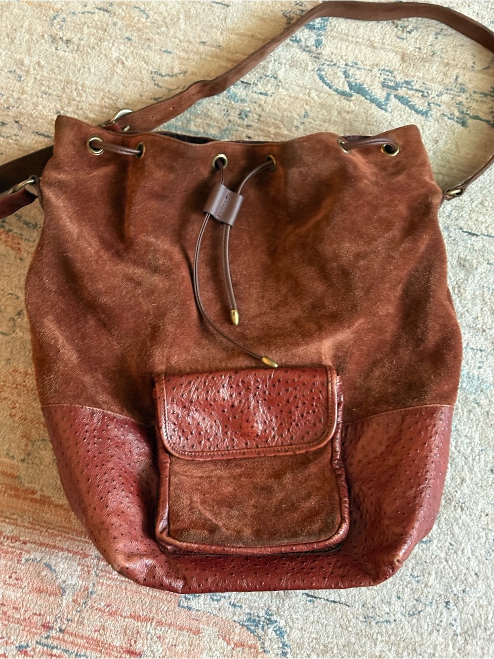 Italian Studio Pedroni Brown Suede & Ostrich Print Leather Drawstring Bag